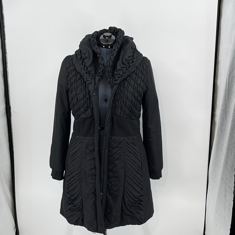 ELIE TAHARI Elegant Black Women's Coat GATHERED TOP LONG SIZE L